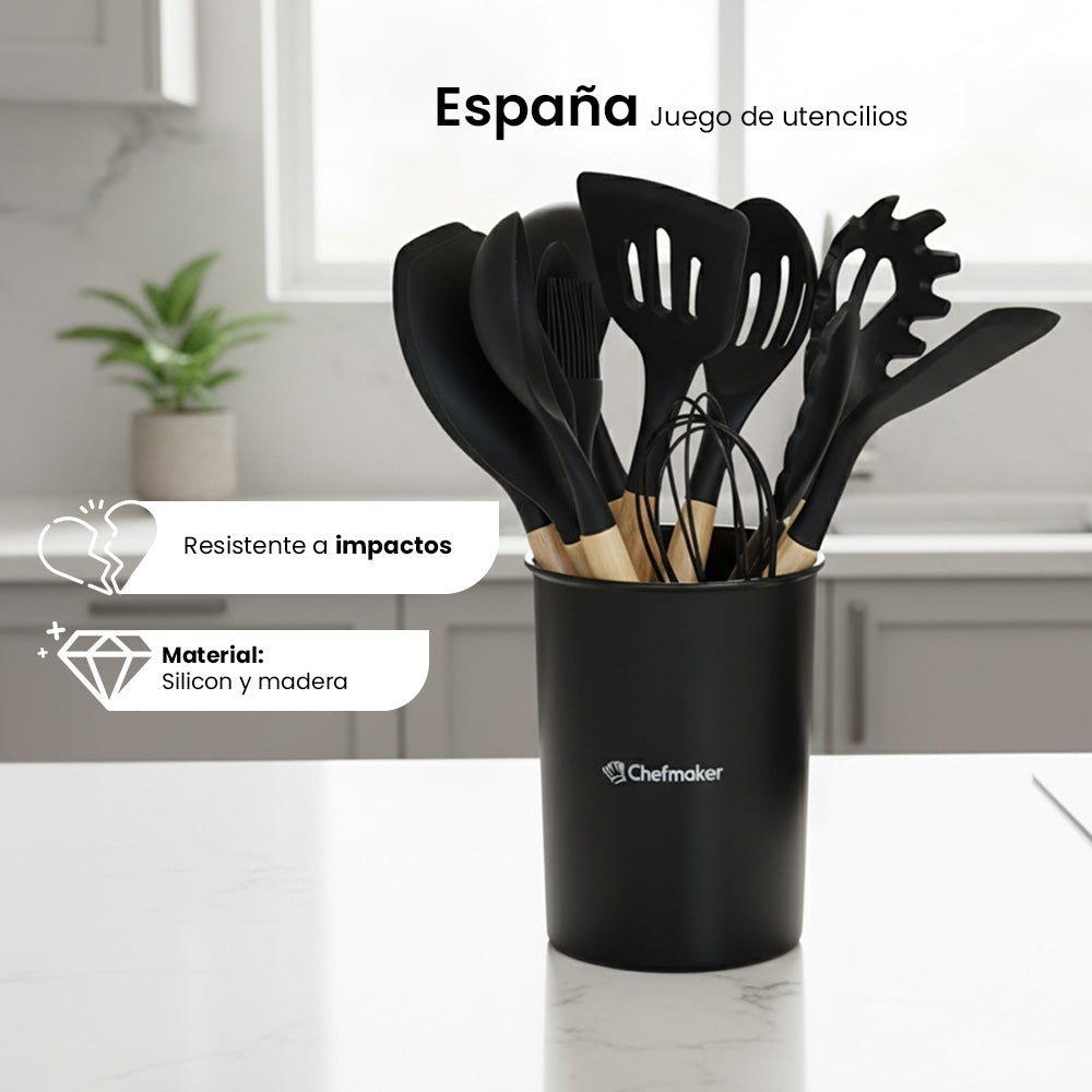 Juego de Utensilios de Cocina España Chefmaker 12 piezas Cubiertos de Silicona con Mango de madera - Chefmaker.com.mx