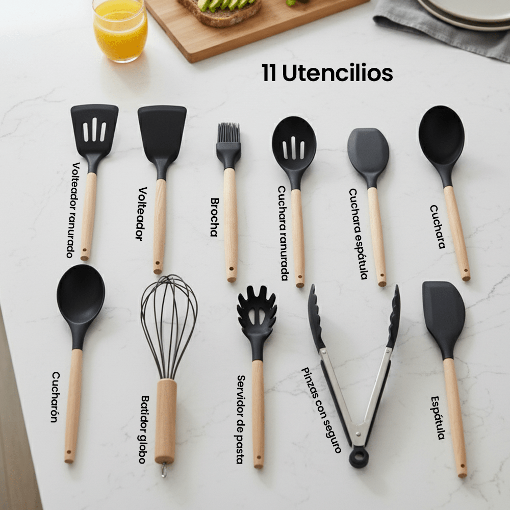 Juego de Utensilios de Cocina España Chefmaker 12 piezas Cubiertos de Silicona con Mango de madera - Chefmaker.com.mx