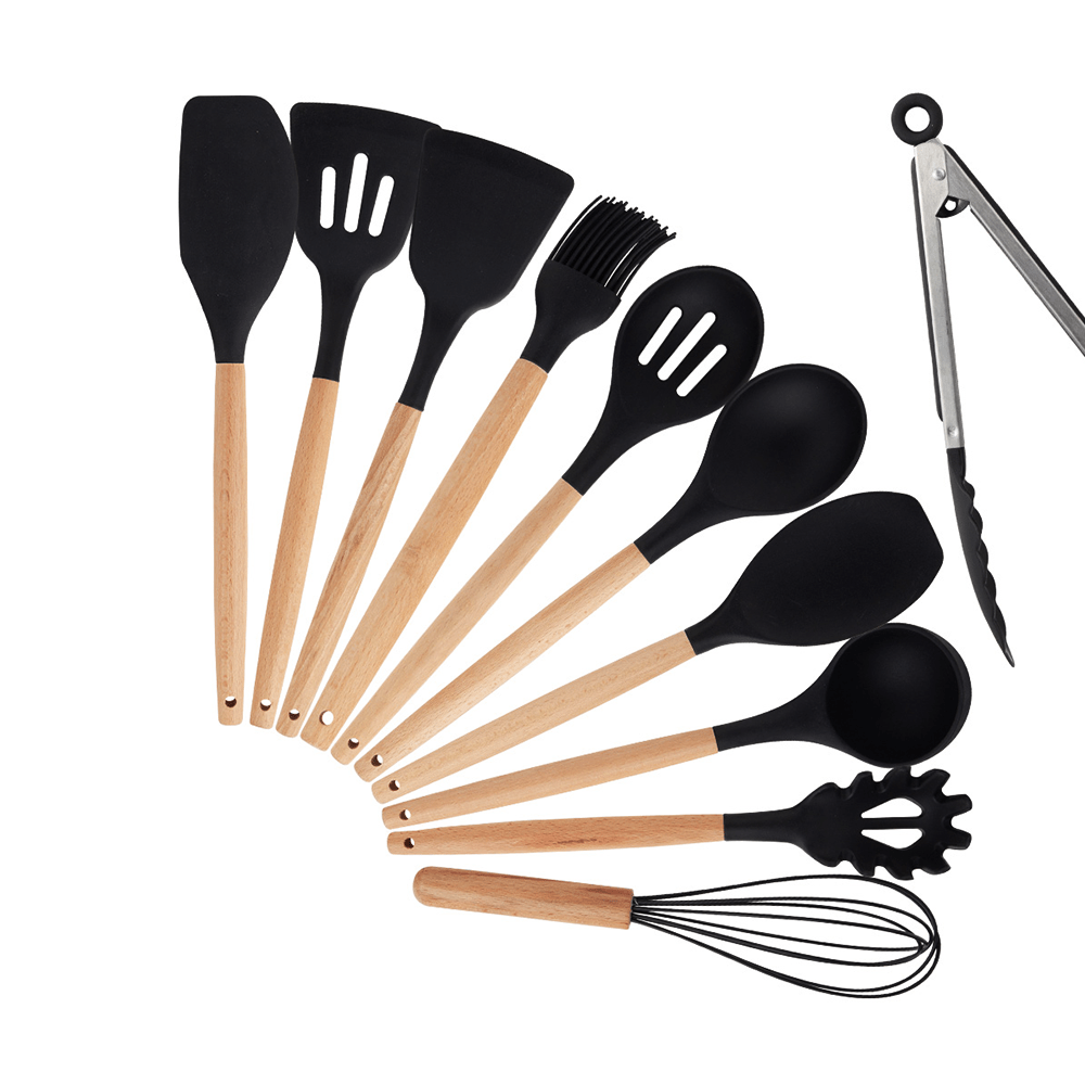 Juego de Utensilios de Cocina España Chefmaker 12 piezas Cubiertos de Silicona con Mango de madera - Chefmaker.com.mx