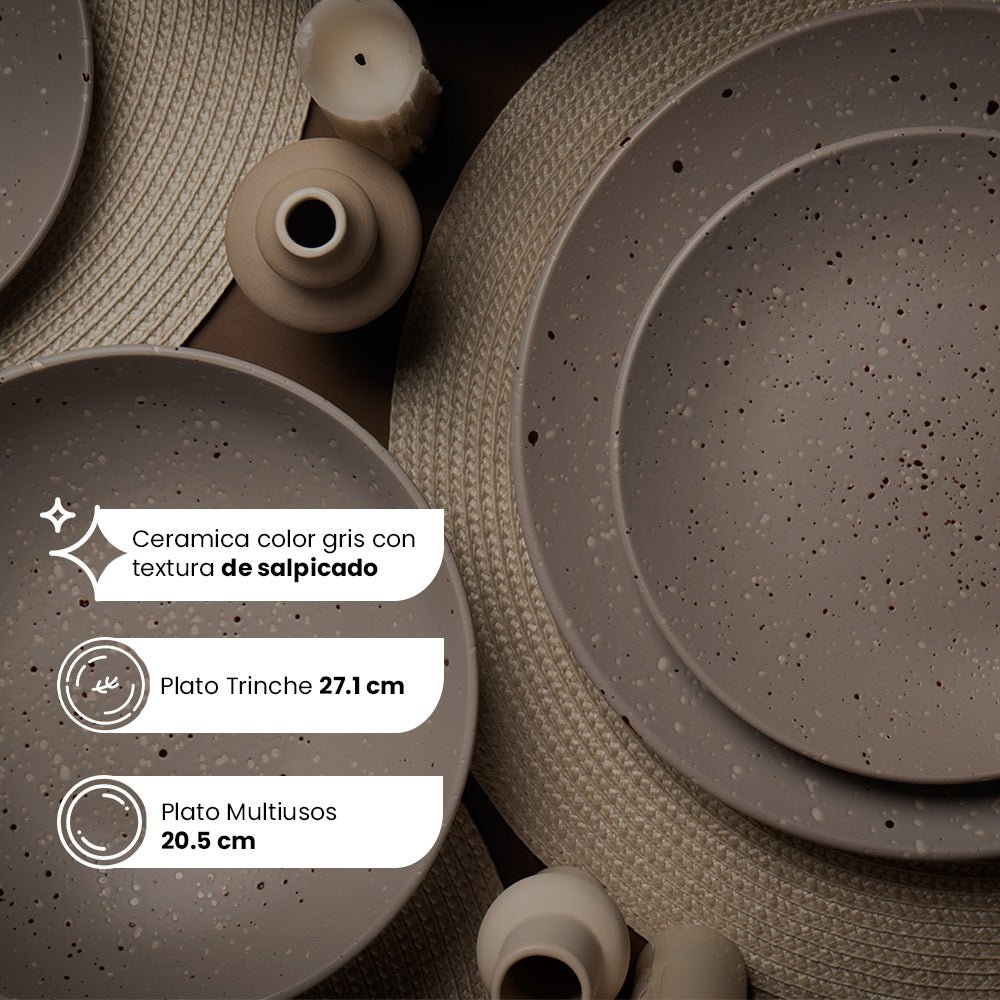 Vajilla de CerĂĄmica Phoenix Chefmaker 16 piezas 4 Personas Gris Salpiado - Chefmaker.com.mx
