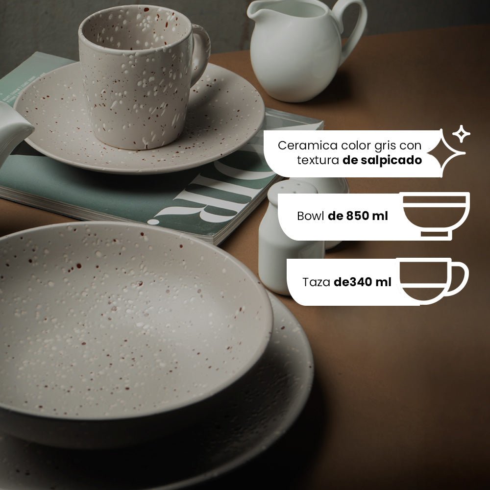 Vajilla de CerĂĄmica Phoenix Chefmaker 16 piezas 4 Personas Gris Salpiado - Chefmaker.com.mx