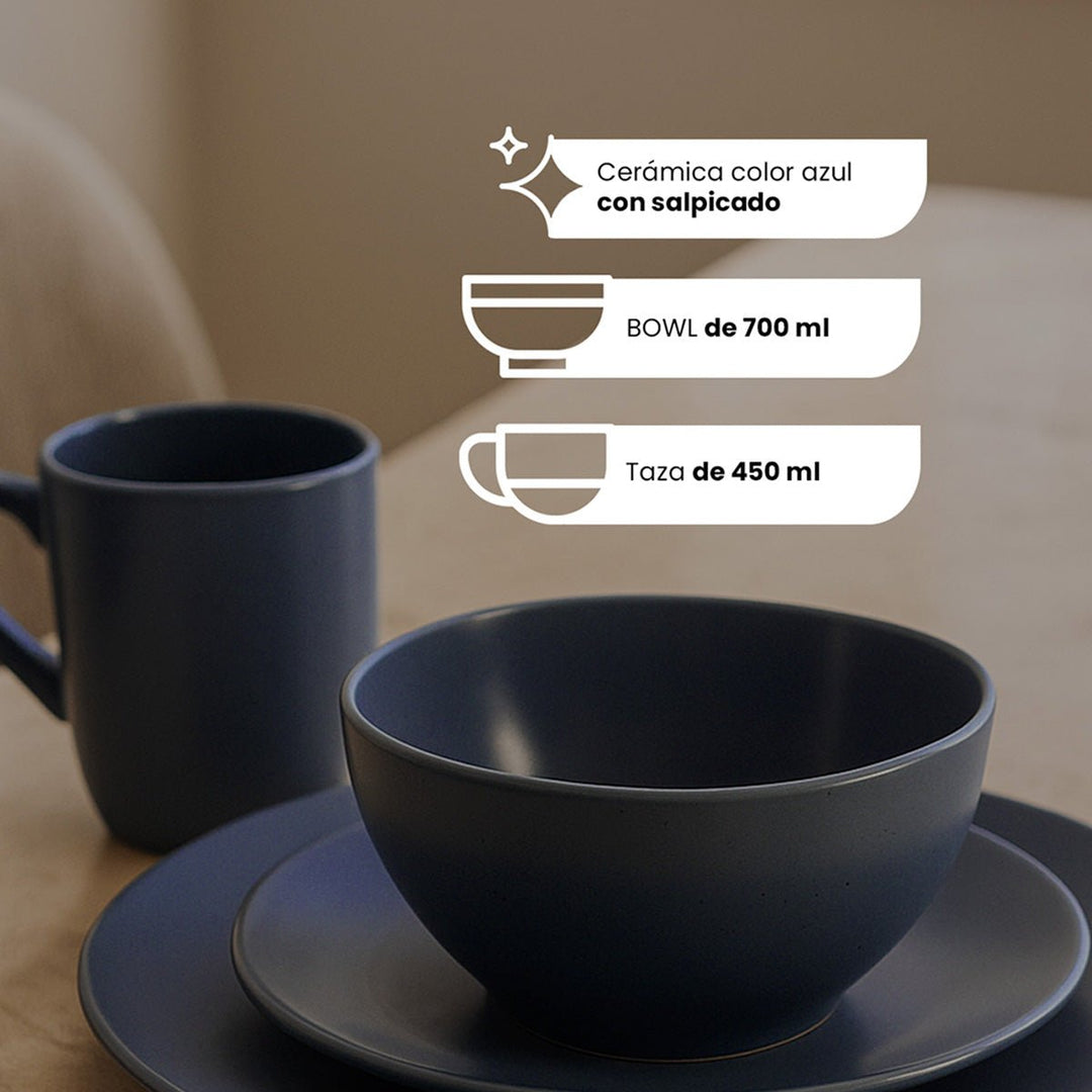 Vajilla de CerĂĄmica Tahoe Chefmaker de 16 Piezas para 4 Personas Azul - Chefmaker.com.mx