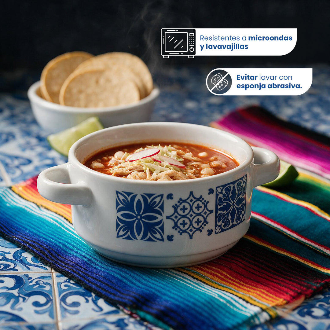 Set 4 Pozoleros Chefmaker Mayolica de Cerámica 700 ml Diseño Estilo Talavera Azul y Blanco