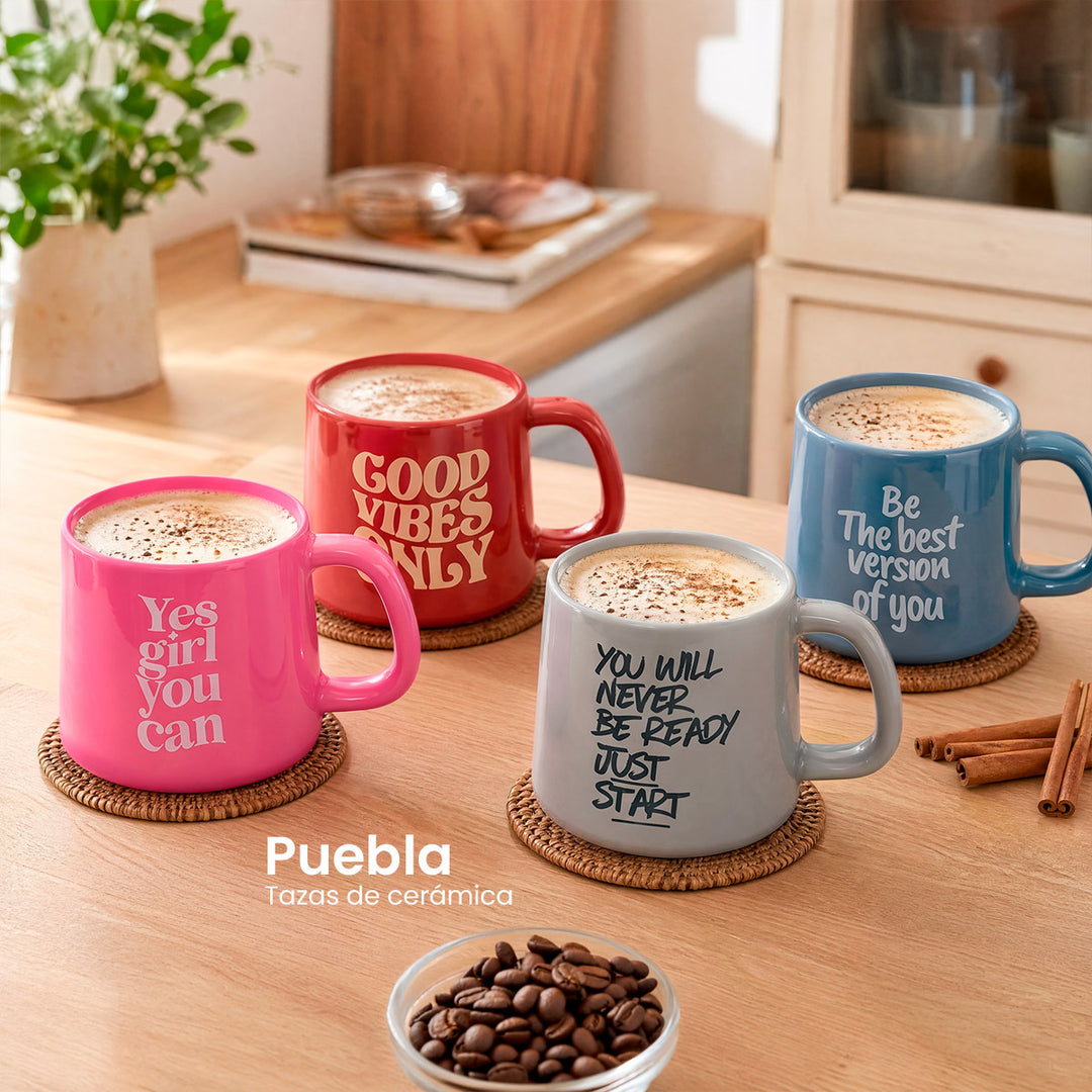 Set 4 Tazas de Cerámica Chefmaker PUEBLA 300 ml New Bone con Frases