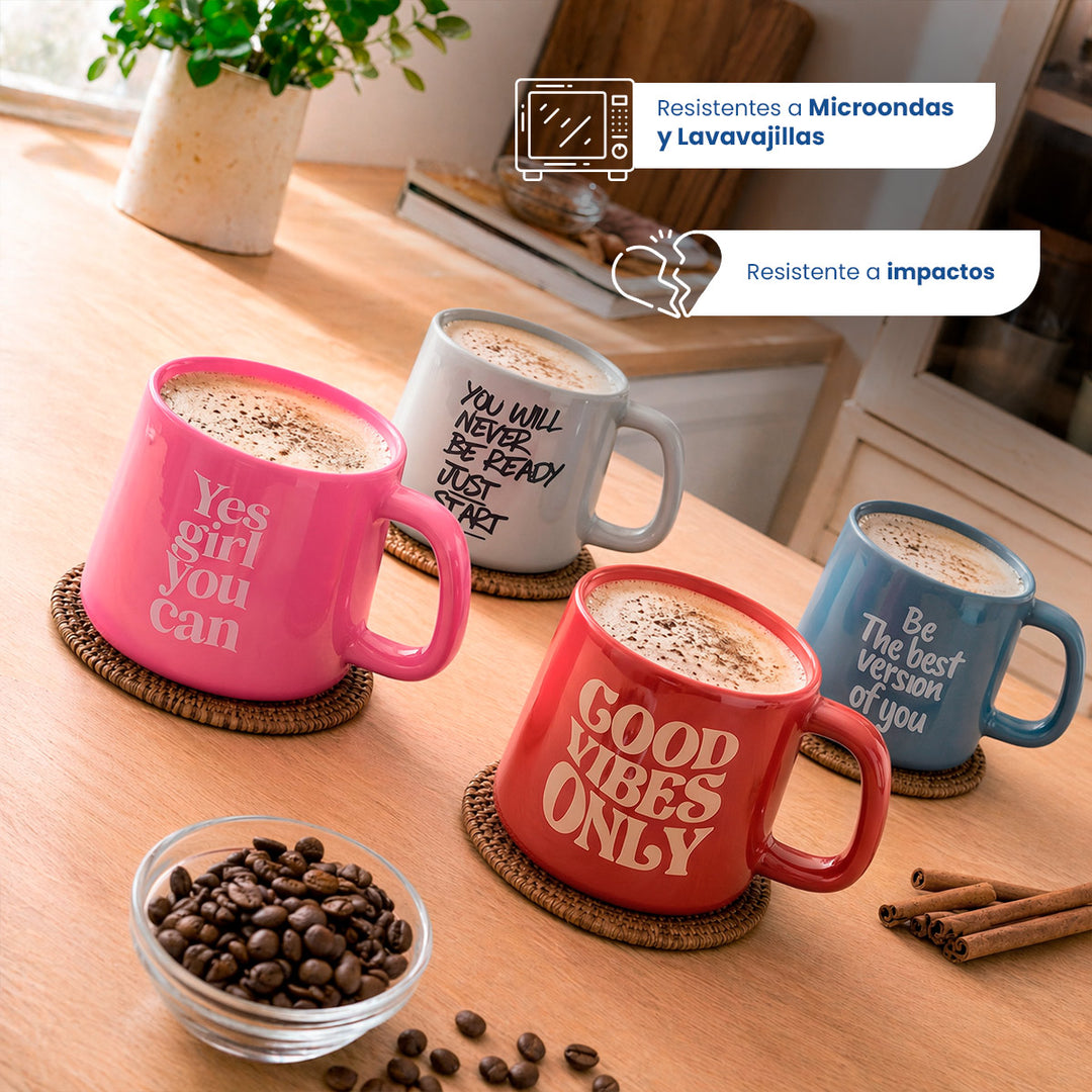 Set 4 Tazas de Cerámica Chefmaker PUEBLA 300 ml New Bone con Frases