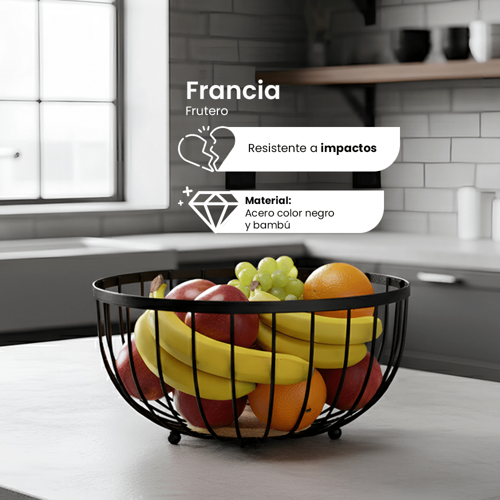 Frutero de Metal Francia Chefmaker Cesta Para Frutas Minimalista Acero Inoxidable Con Base de Madera - Chefmaker.com.mx