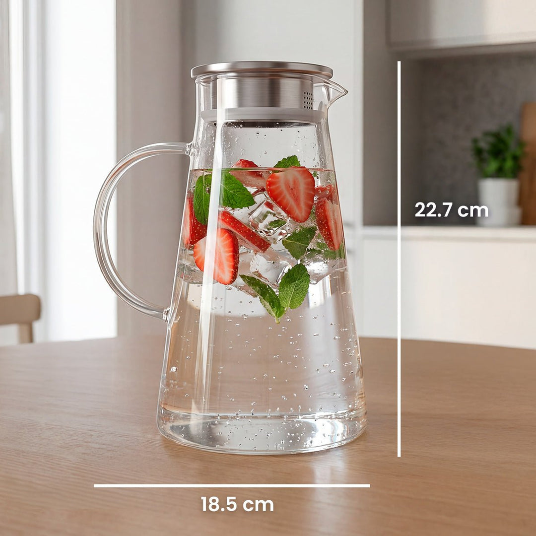 Jarra Vidrio Agua de 1.8L Vidrio de Borosilicato de Alta resistencia Con Tapa de Acero Inoxidable y Filtro - Chefmaker.com.mx
