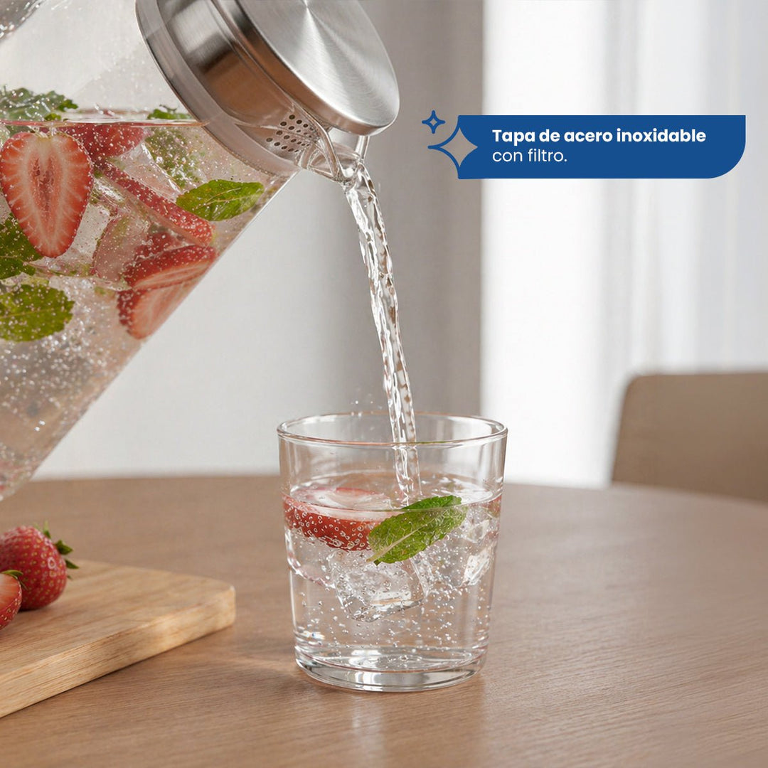 Jarra Vidrio Agua de 1.8L Vidrio de Borosilicato de Alta resistencia Con Tapa de Acero Inoxidable y Filtro - Chefmaker.com.mx