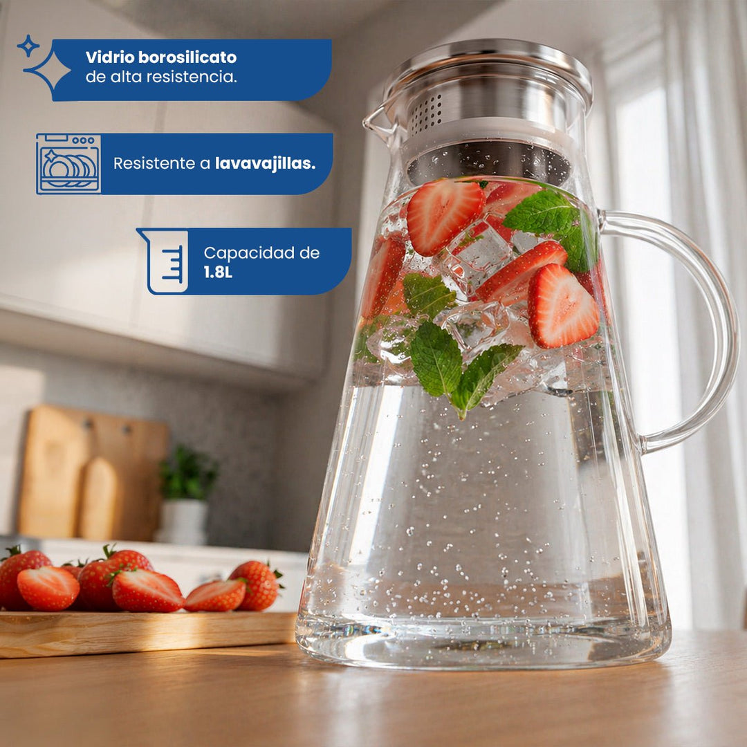 Jarra Vidrio Agua de 1.8L Vidrio de Borosilicato de Alta resistencia Con Tapa de Acero Inoxidable y Filtro - Chefmaker.com.mx