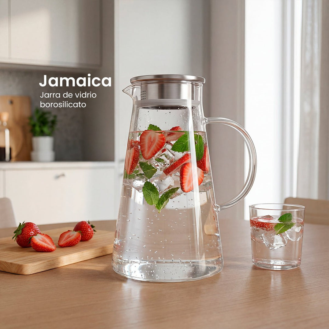 Jarra Vidrio Agua de 1.8L Vidrio de Borosilicato de Alta resistencia Con Tapa de Acero Inoxidable y Filtro - Chefmaker.com.mx