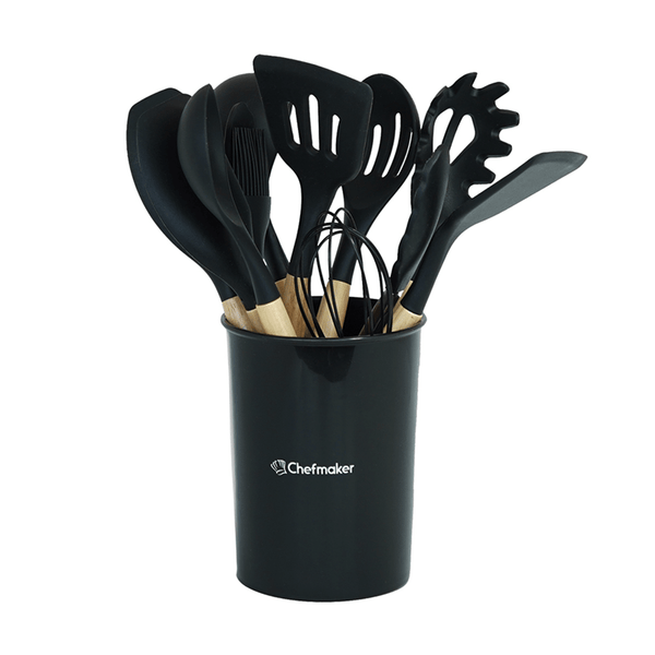 Juego de Utensilios de Cocina España Chefmaker 12 piezas Cubiertos de Silicona con Mango de madera - Chefmaker.com.mx