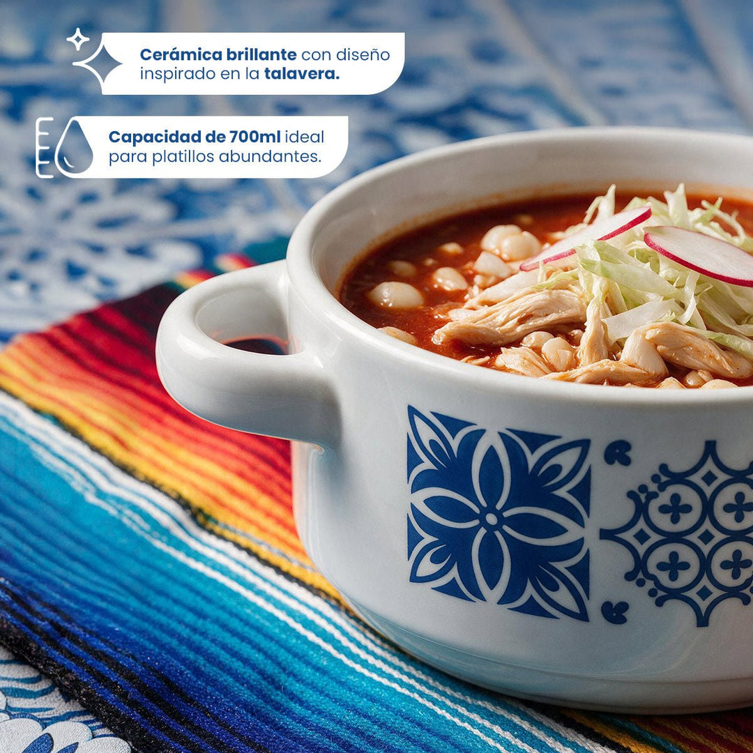 Set 4 Pozoleros Chefmaker Mayolica de Cerámica 700 ml Diseño Estilo Talavera Azul y Blanco - Chefmaker.com.mx
