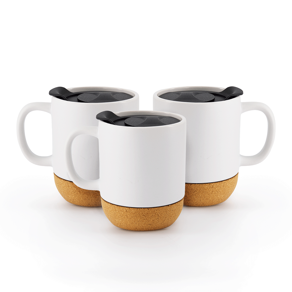 Set de 3 CORK MUGS Chefmaker de Cerámica con Corcho 300ml y tapa - Chefmaker.com.mx