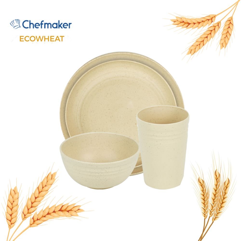 Set Vajilla 16 piezas para 4 personas Beige Eco Whet Hecha a Base de Trigo - Chefmaker.com.mx