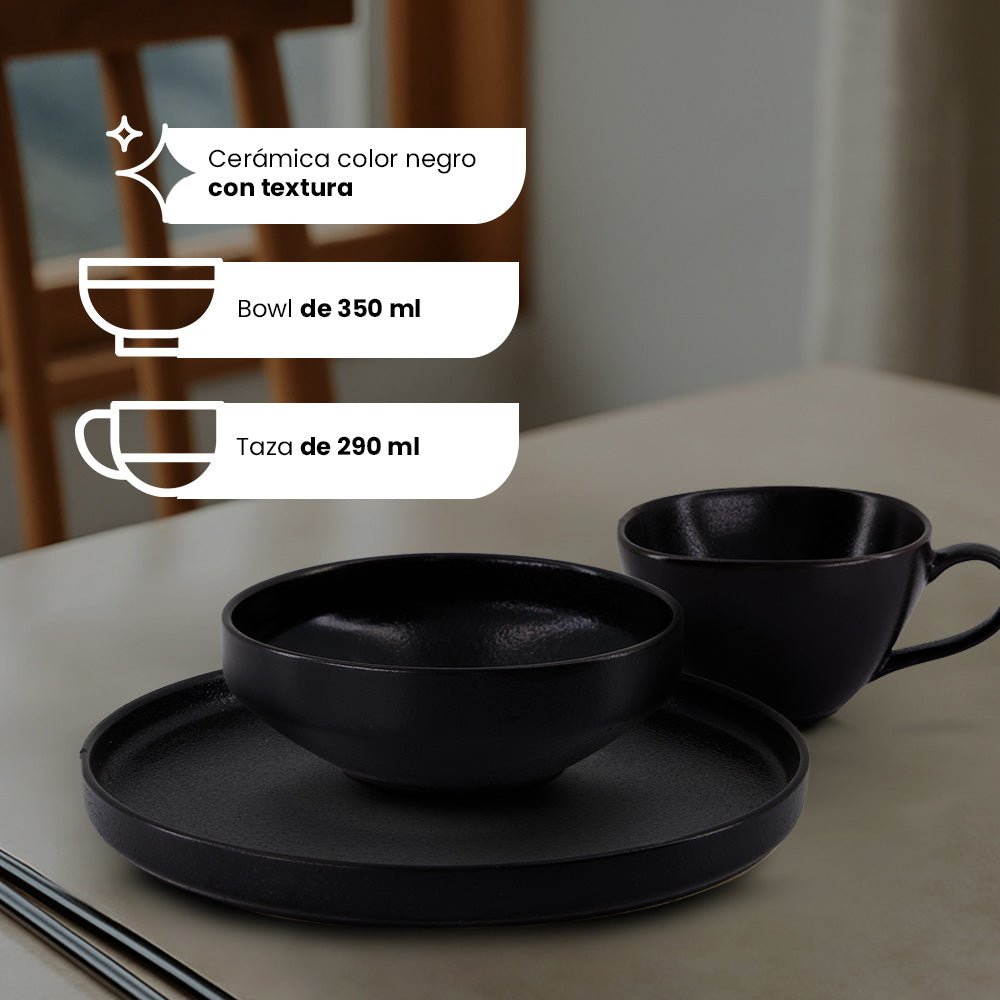 Vajilla de Cerámica Osaka Chefmaker de 16 piezas para 4 Personas Negro - Chefmaker.com.mx