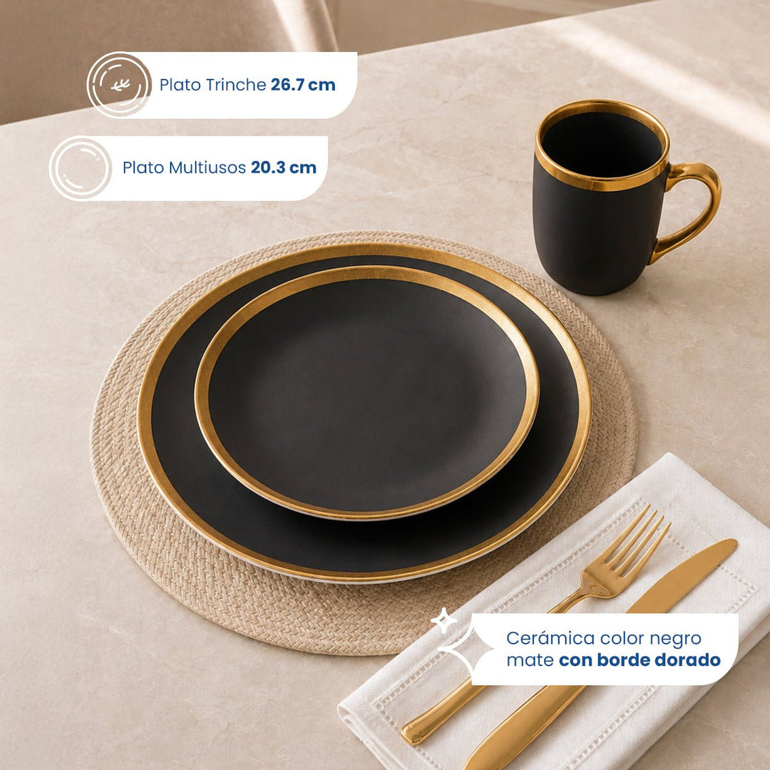 Vajilla de Cerámica Rodas N Chefmaker 16 Piezas Para 4 Personas Acabado Mate con borde Dorado - Chefmaker.com.mx