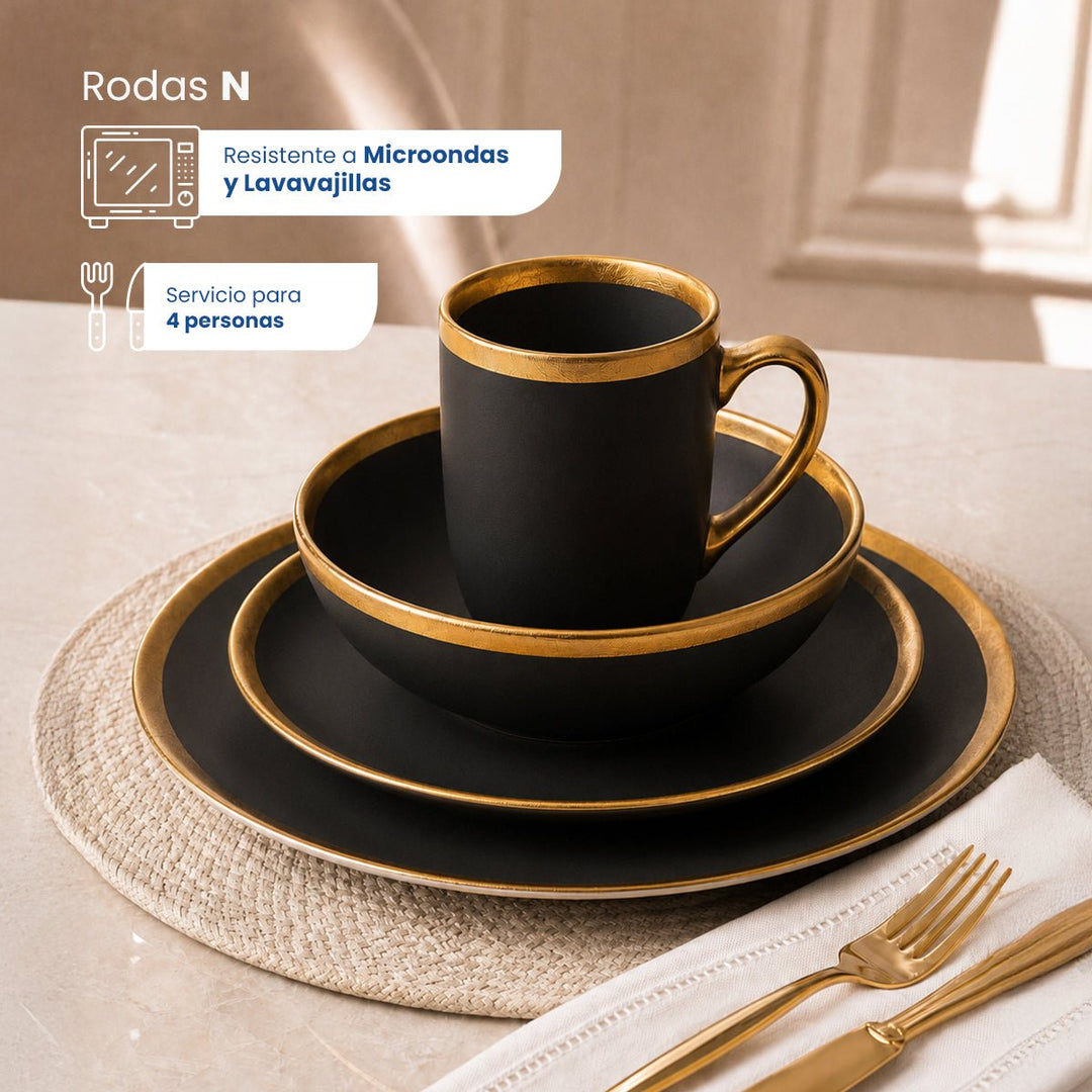 Vajilla de Cerámica Rodas N Chefmaker 16 Piezas Para 4 Personas Acabado Mate con borde Dorado - Chefmaker.com.mx