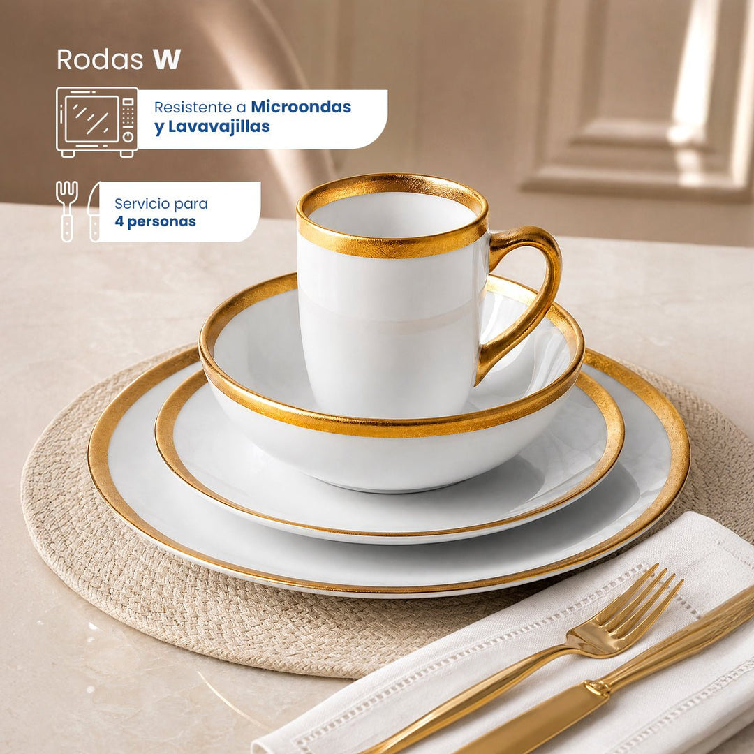 Vajilla de Cerámica Rodas W Chefmaker 16 Piezas Para 4 Personas Blanco con borde Dorado - Chefmaker.com.mx
