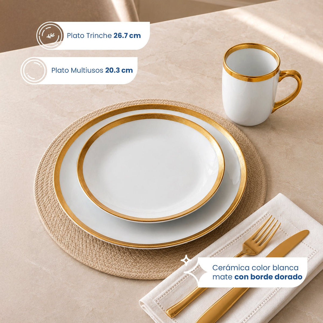 Vajilla de Cerámica Rodas W Chefmaker 16 Piezas Para 4 Personas Blanco con borde Dorado - Chefmaker.com.mx