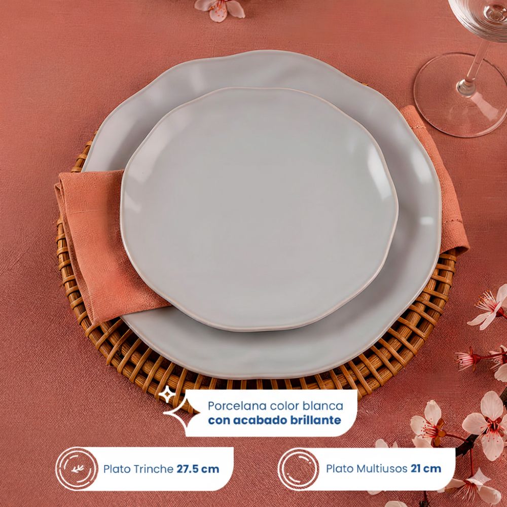 Vajilla de Porcelana Flor Chefmaker 12 Piezas Para 4 personas Blanco Formas irregulares - Chefmaker.com.mx